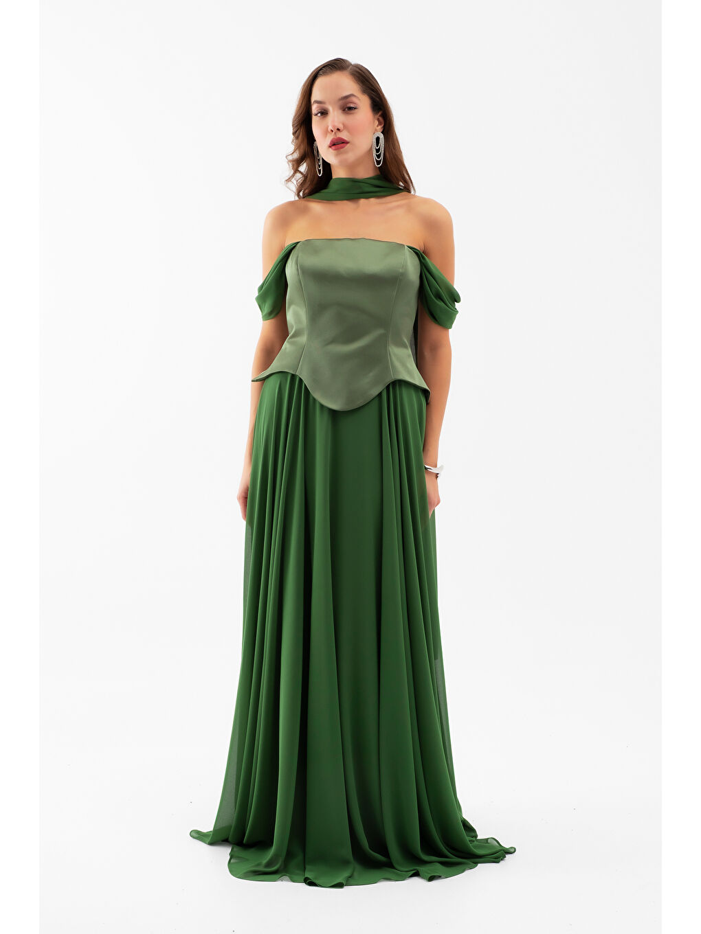 Kadın Haki Şal Yaka Straplez Söz Nişan Abiye Elbise-1