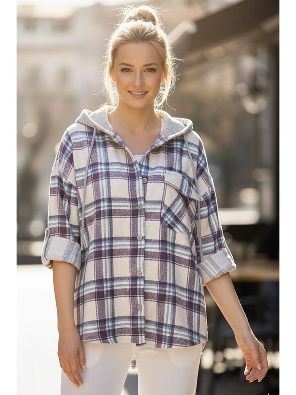 Mor-Beyaz Kapüşonlu Uzun Kol Oduncu Ekose Düğmeli Cepli Dokuma Gömlek 68 65-2