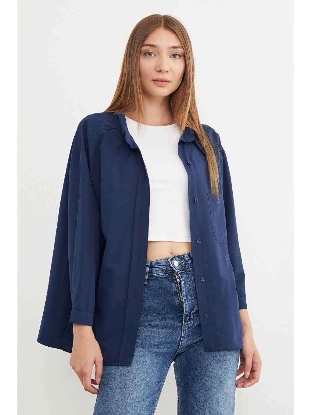 Lacivert Basic Tek Cepli Oversize Gömlek-2