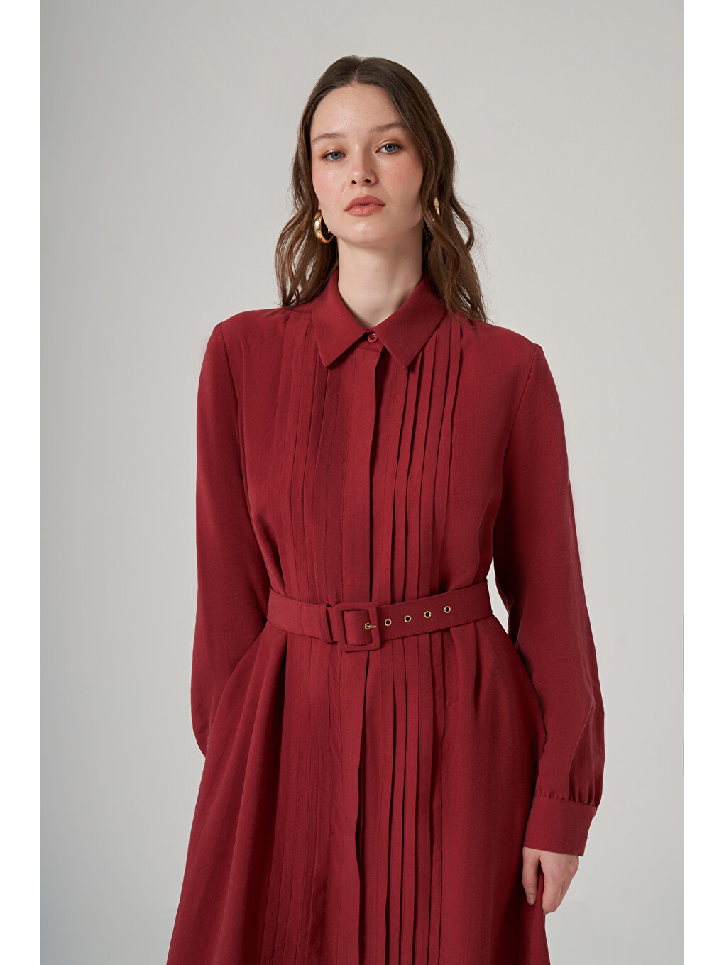 Kırmızı Seyyar Kemerli Pile Detay Elbise 2050 Red Plum-3