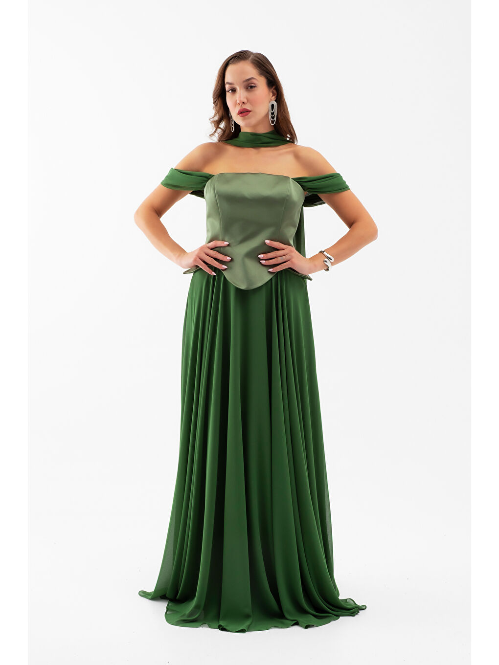 Kadın Haki Şal Yaka Straplez Söz Nişan Abiye Elbise-2