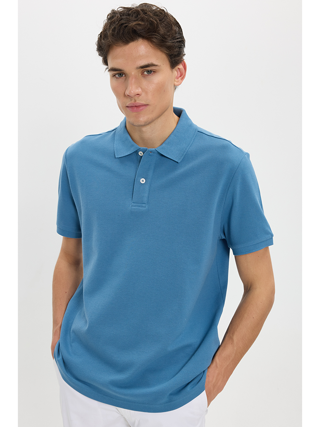 Erkek Regular Fit Klasik Kesim %100 Pamuk Düz Pike Mavi Polo Yaka Tişört-6