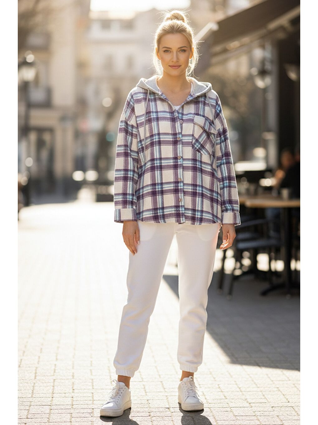Mor-Beyaz Kapüşonlu Uzun Kol Oduncu Ekose Düğmeli Cepli Dokuma Gömlek 68 65-3