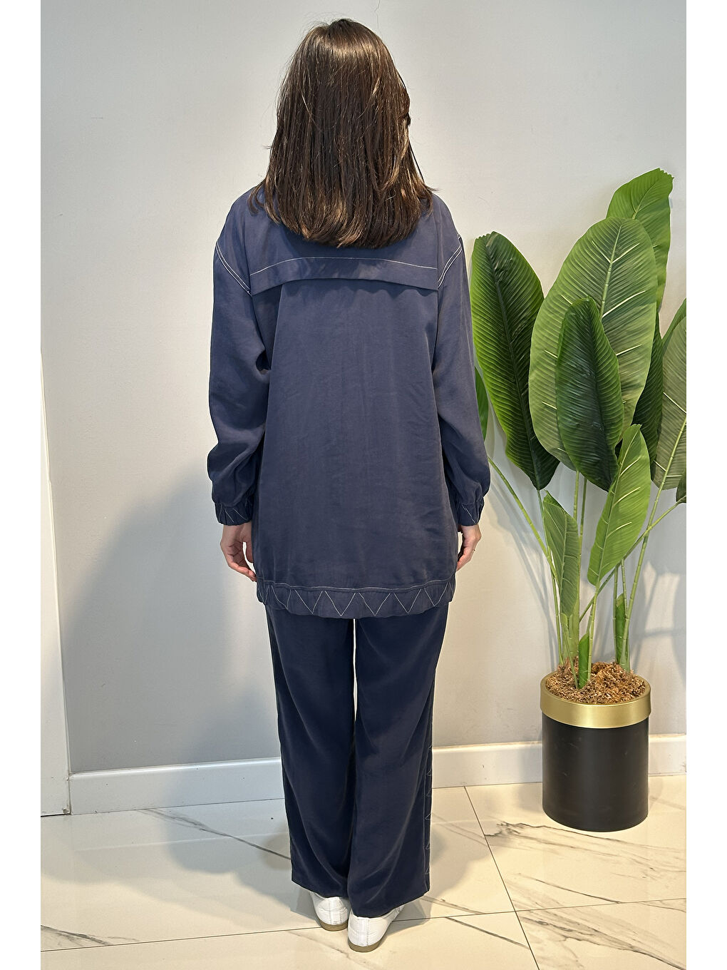 Dikiş Detaylı Cupra Modal Pantolonlu Takım 14405 Lacivert-3