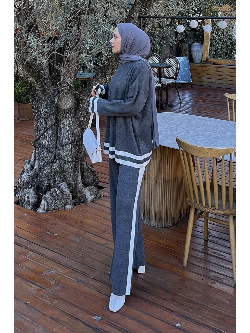 Çizgili Pantolon Triko Tesettür Takım Antrasit-1