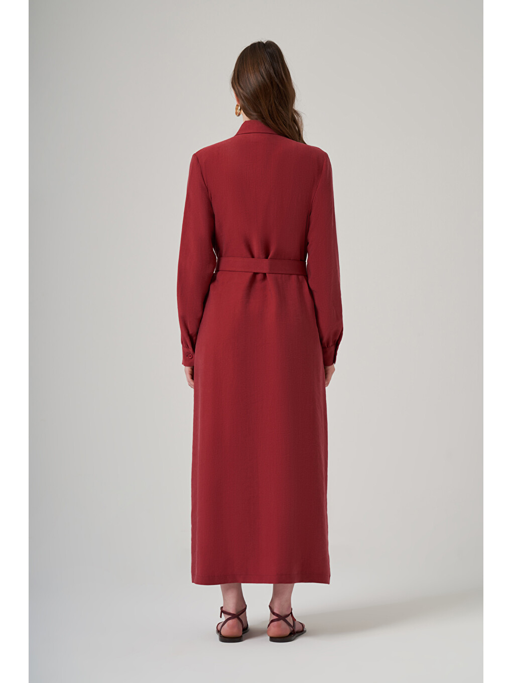 Kırmızı Seyyar Kemerli Pile Detay Elbise 2050 Red Plum-4