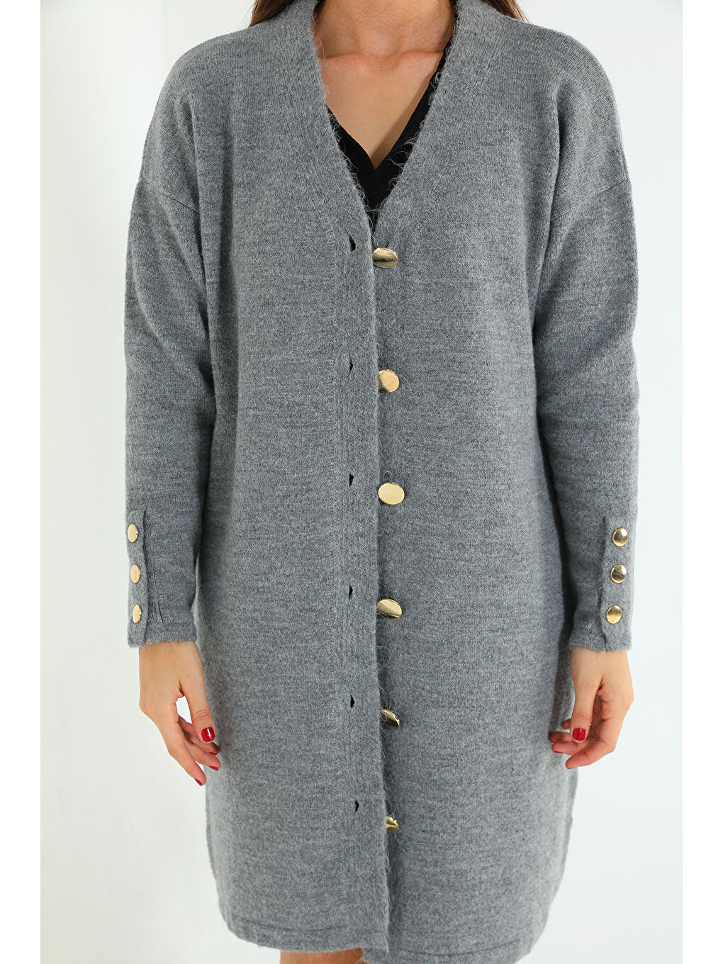 Gri Kadın Ön Düğmeli Salaş Triko Hırka-6