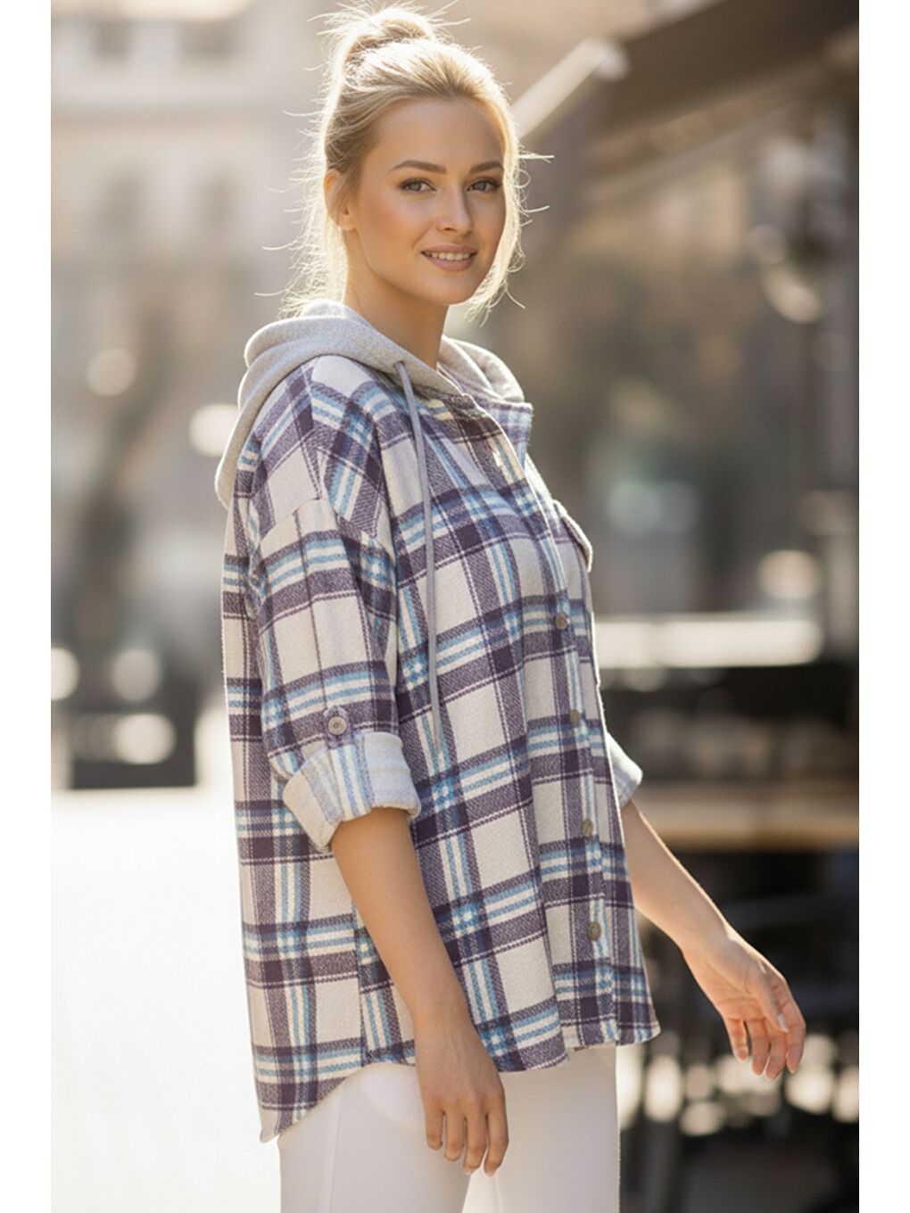 Mor-Beyaz Kapüşonlu Uzun Kol Oduncu Ekose Düğmeli Cepli Dokuma Gömlek 68 65-4