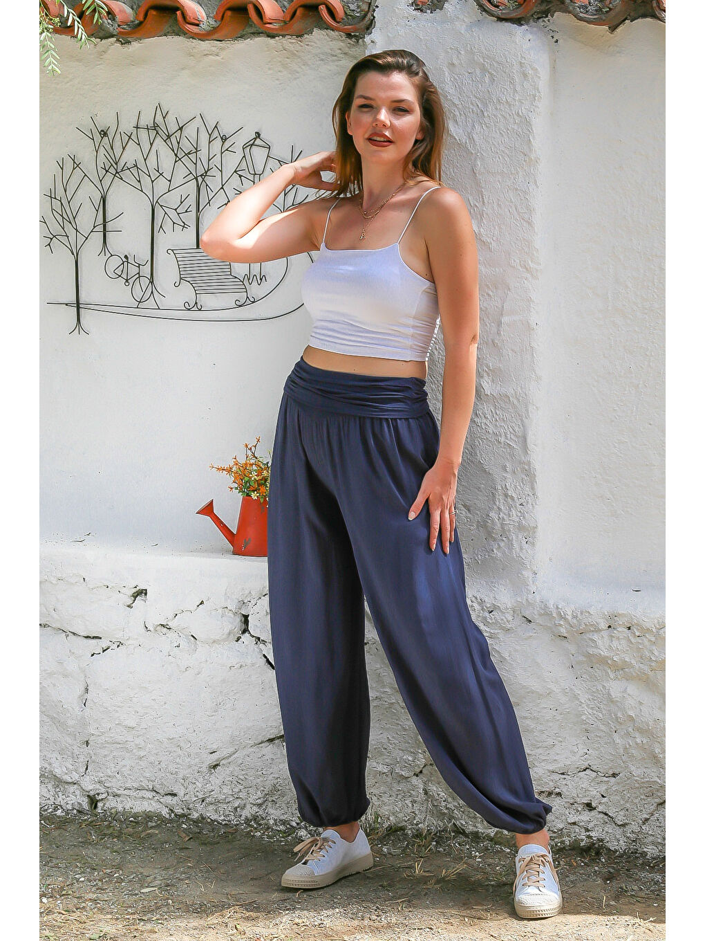 İtalyan Mavi Dokuma Ekstra Yüksek Bel Lastikli Paça Casual Viskon Pantolon