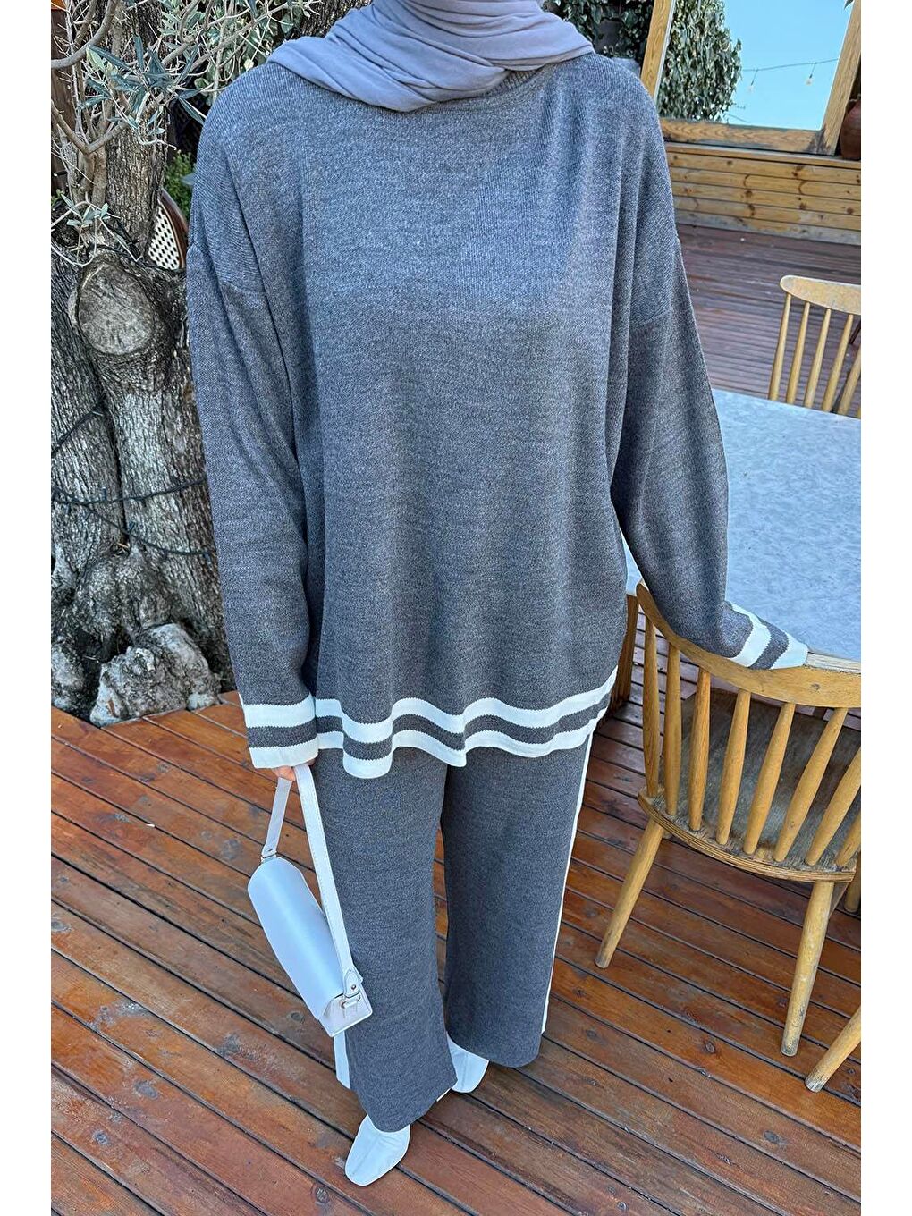 Çizgili Pantolon Triko Tesettür Takım Antrasit-2