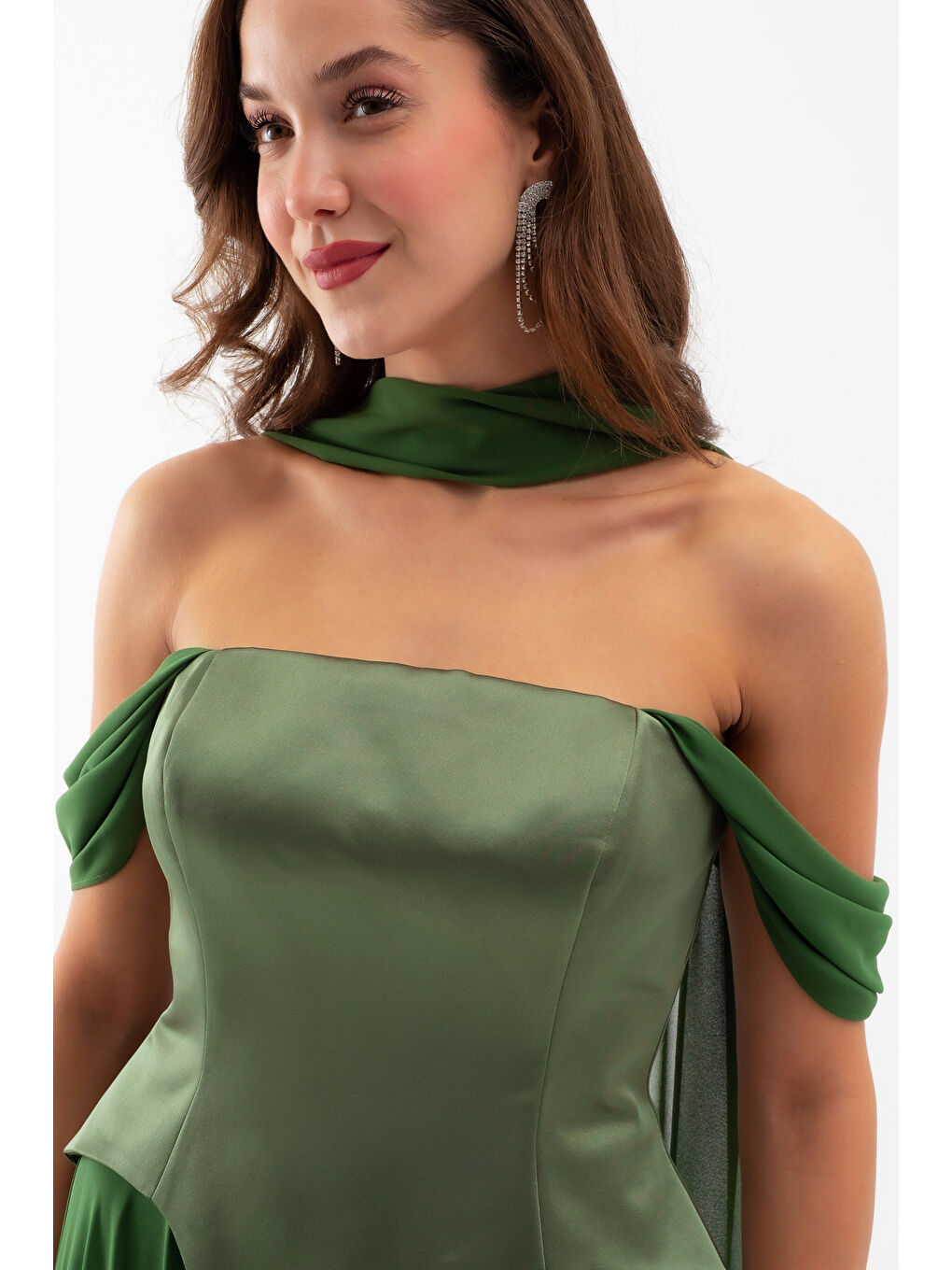 Kadın Haki Şal Yaka Straplez Söz Nişan Abiye Elbise-3