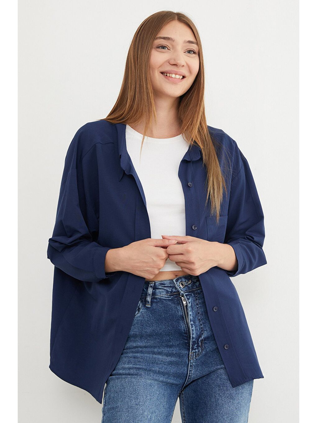 Lacivert Basic Tek Cepli Oversize Gömlek-4