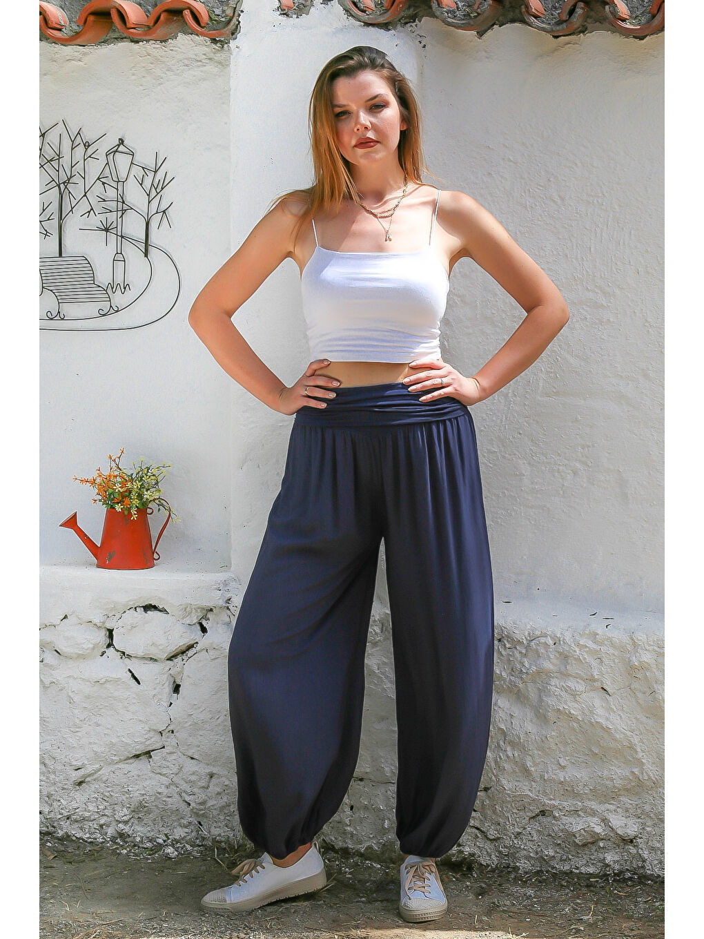 İtalyan Mavi Dokuma Ekstra Yüksek Bel Lastikli Paça Casual Viskon Pantolon-1