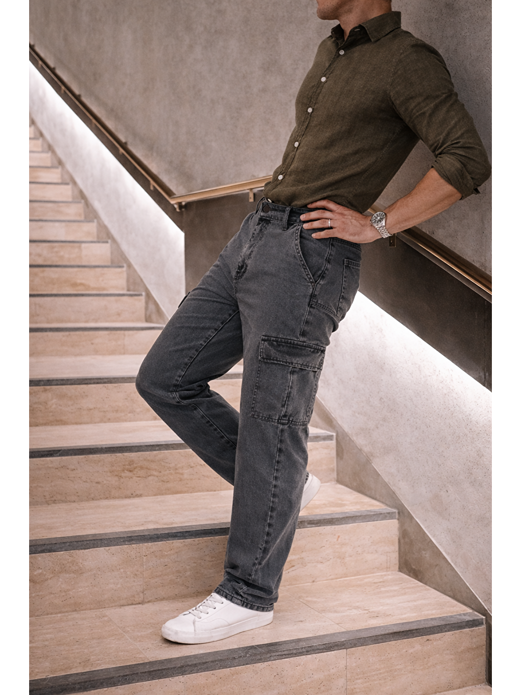 Erkek Yüksek Bel Bol Paça Antrasit Kargo Baggy Pantolon-1