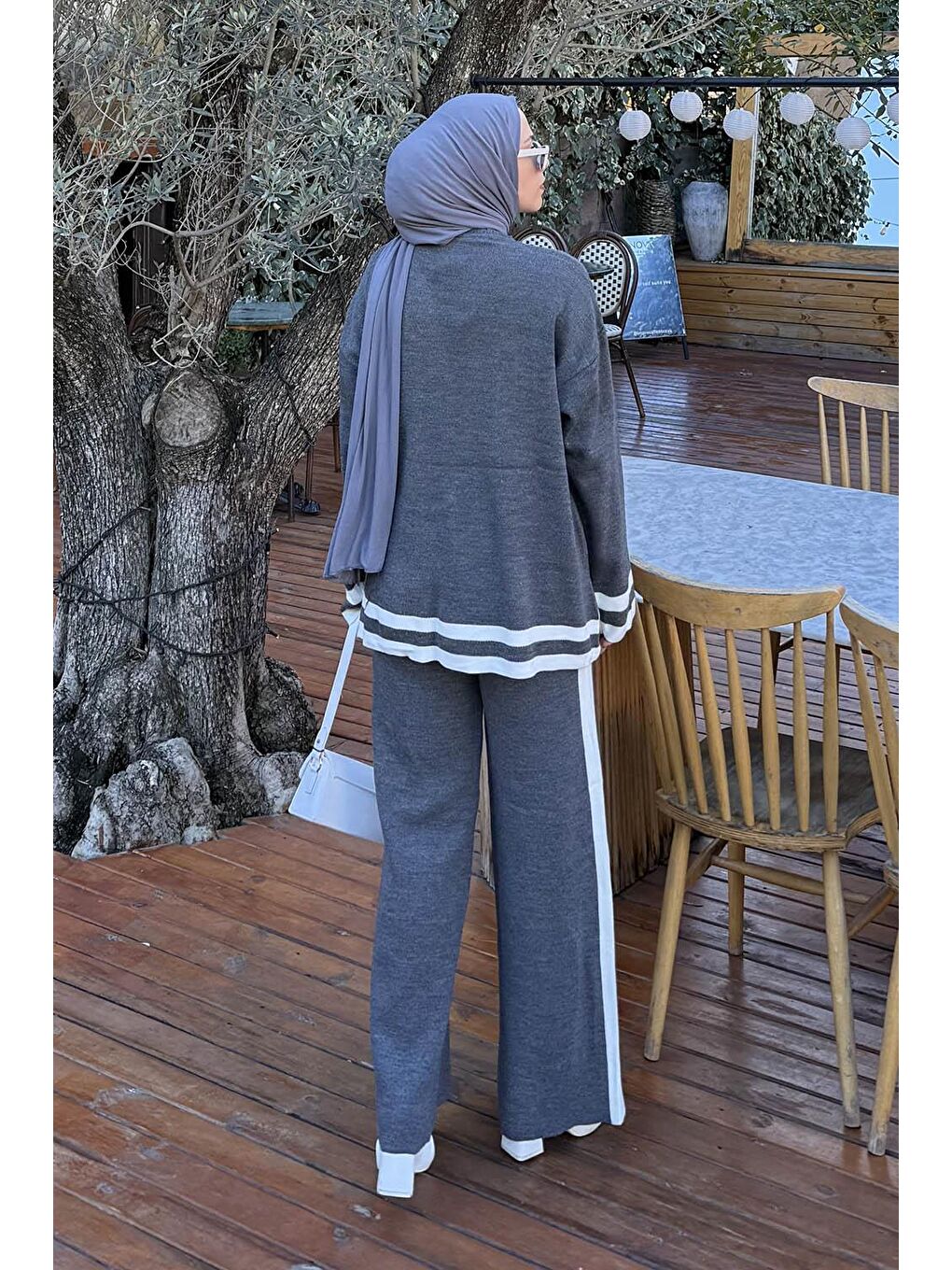 Çizgili Pantolon Triko Tesettür Takım Antrasit-3