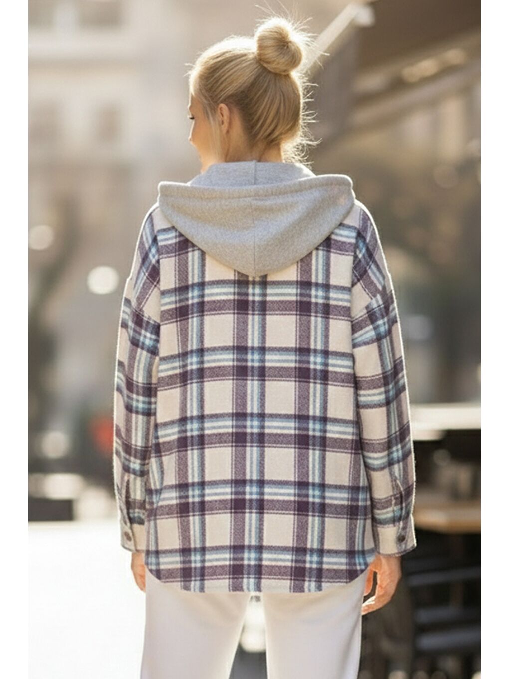 Mor-Beyaz Kapüşonlu Uzun Kol Oduncu Ekose Düğmeli Cepli Dokuma Gömlek 68 65-5