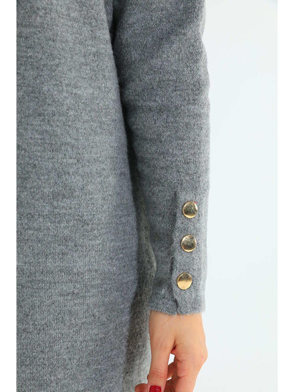 Gri Kadın Ön Düğmeli Salaş Triko Hırka-7