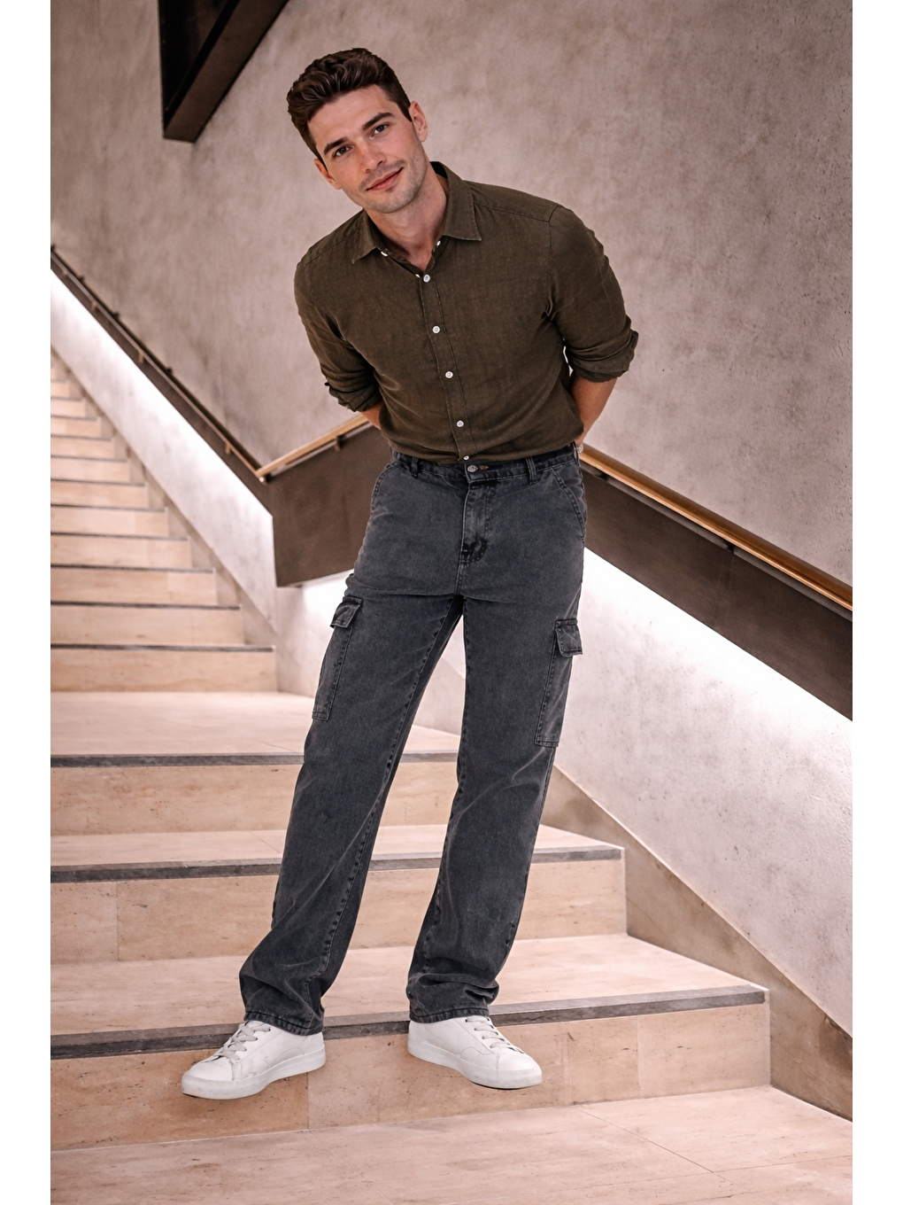 Erkek Yüksek Bel Bol Paça Antrasit Kargo Baggy Pantolon-2