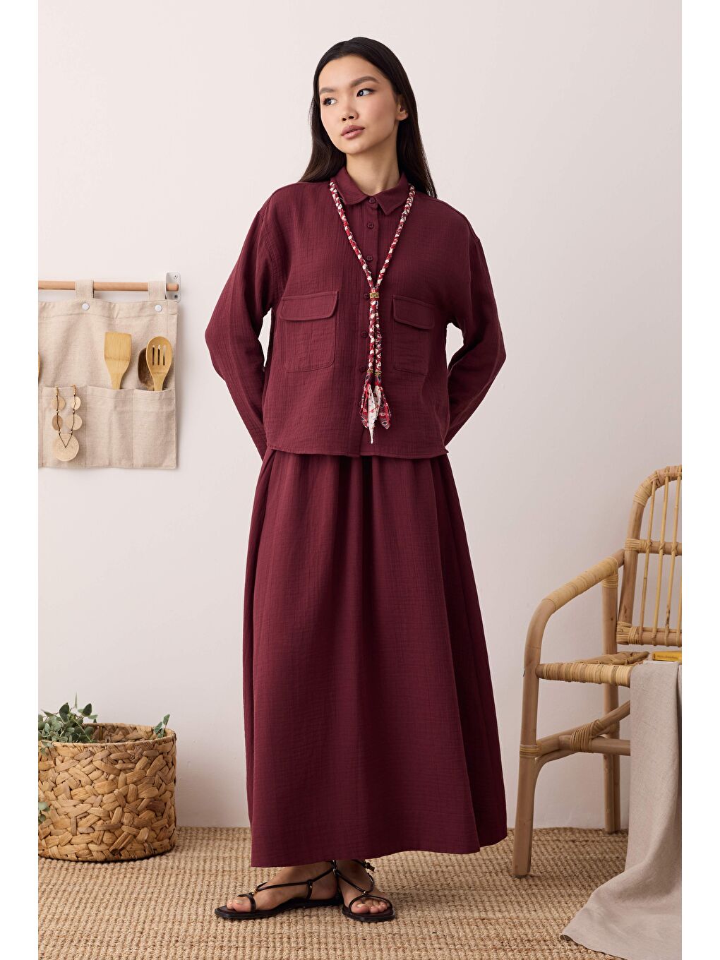 Müslin Cepli Gömlek Bordo-2