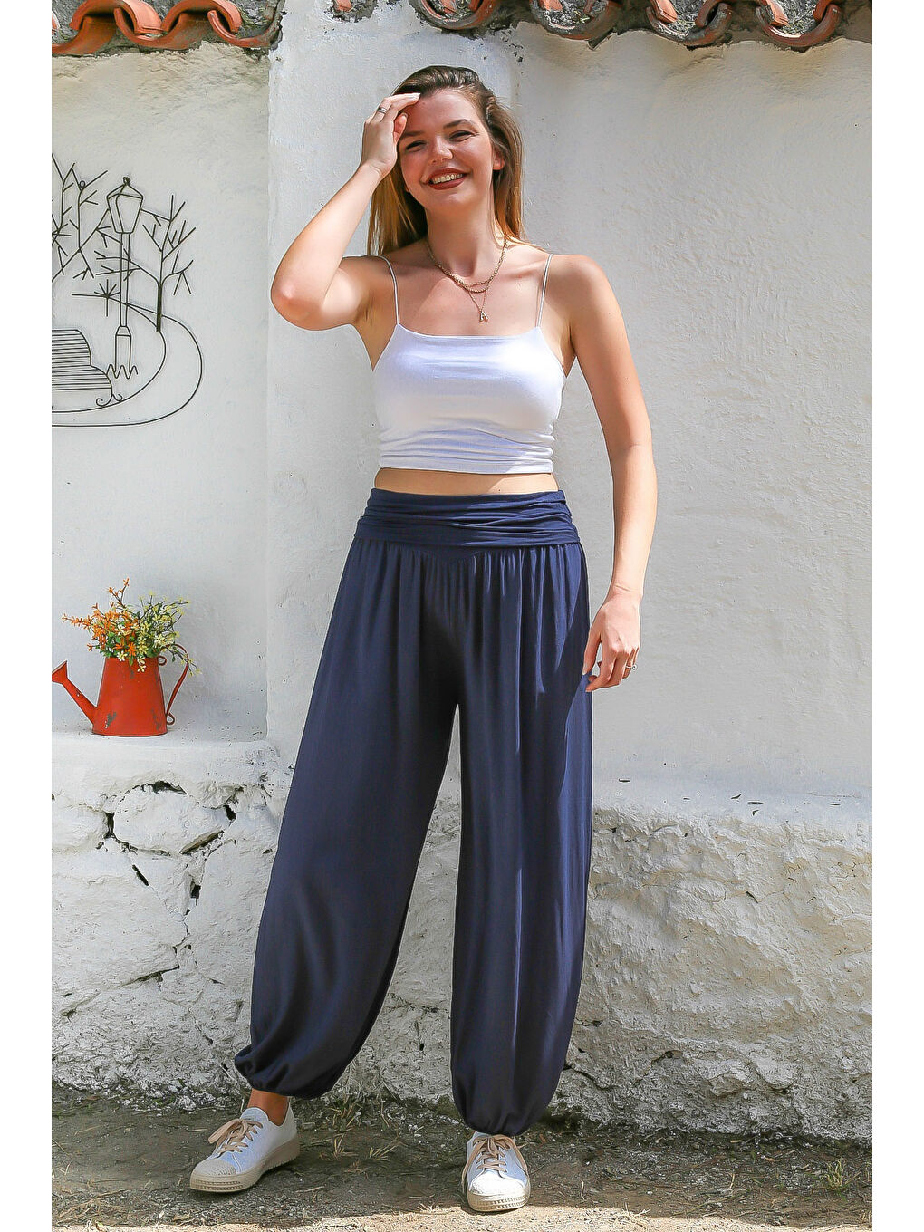 İtalyan Mavi Dokuma Ekstra Yüksek Bel Lastikli Paça Casual Viskon Pantolon-2