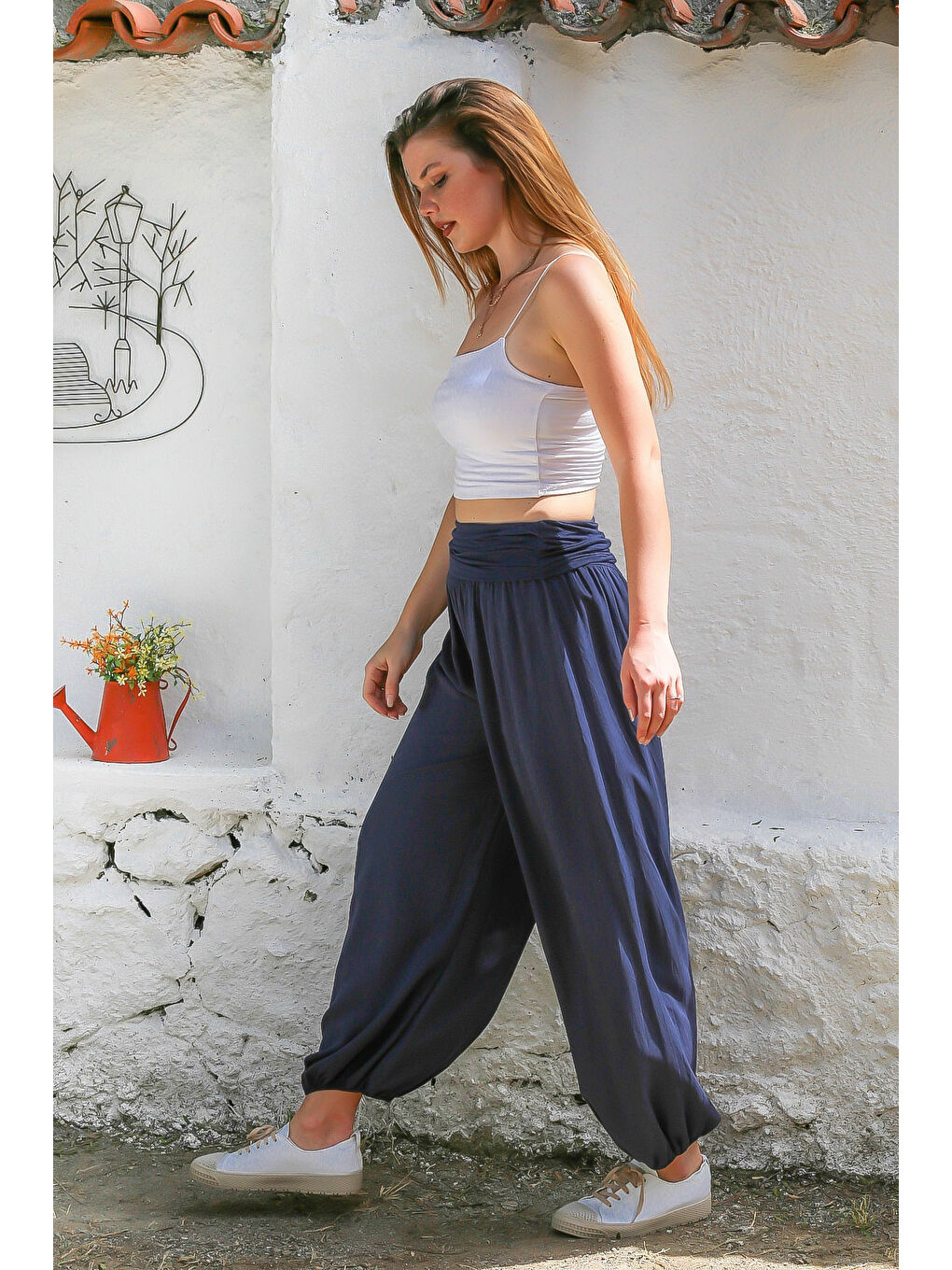 İtalyan Mavi Dokuma Ekstra Yüksek Bel Lastikli Paça Casual Viskon Pantolon-3