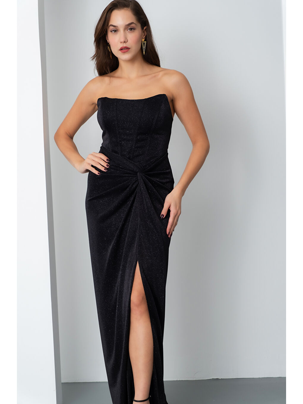 Kadın Siyah Straplez Simli Örme Abiye Elbise-2