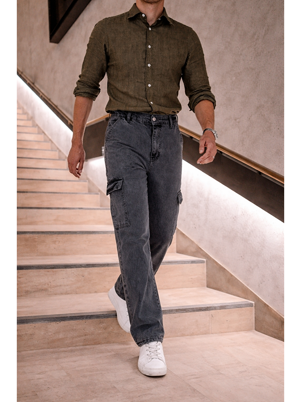 Erkek Yüksek Bel Bol Paça Antrasit Kargo Baggy Pantolon-3