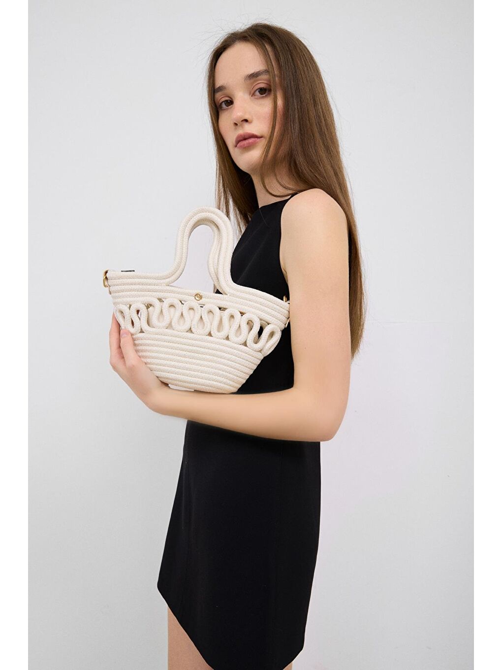 Ekru Ortega Handmade Mini Hasır Çapraz Çanta Krem-2