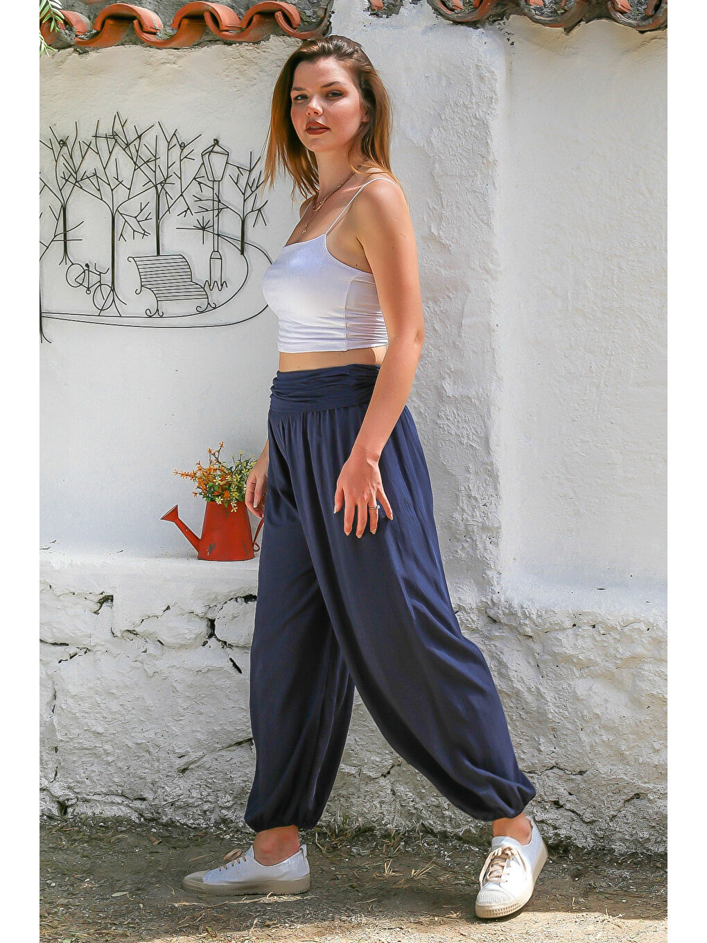 İtalyan Mavi Dokuma Ekstra Yüksek Bel Lastikli Paça Casual Viskon Pantolon-4