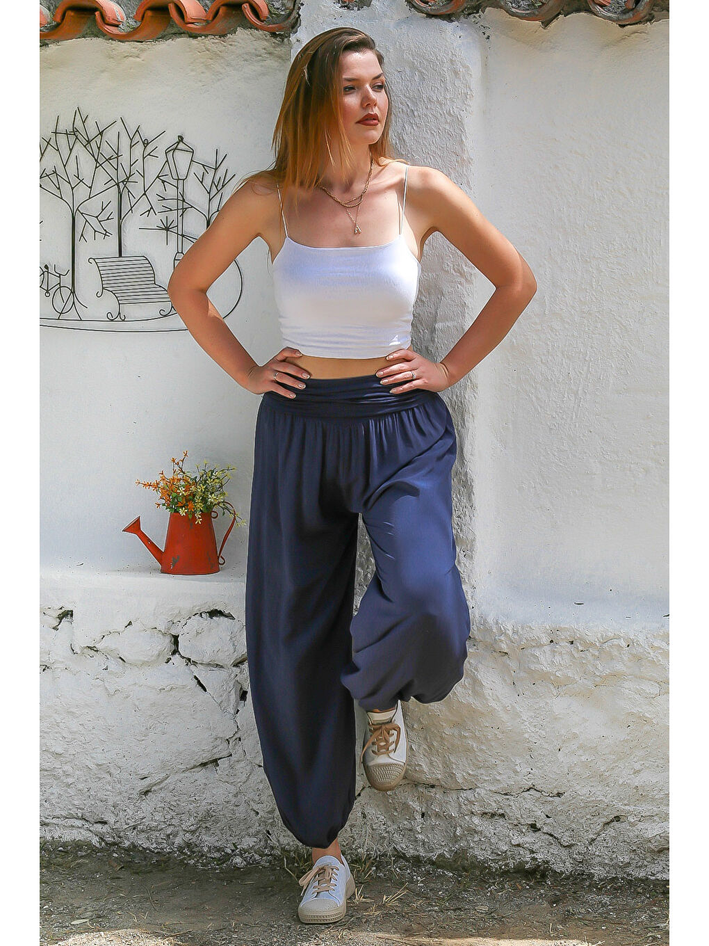 İtalyan Mavi Dokuma Ekstra Yüksek Bel Lastikli Paça Casual Viskon Pantolon-5