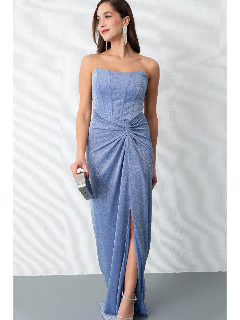 Kadın İndigo Straplez Simli Örme Abiye Elbise-2