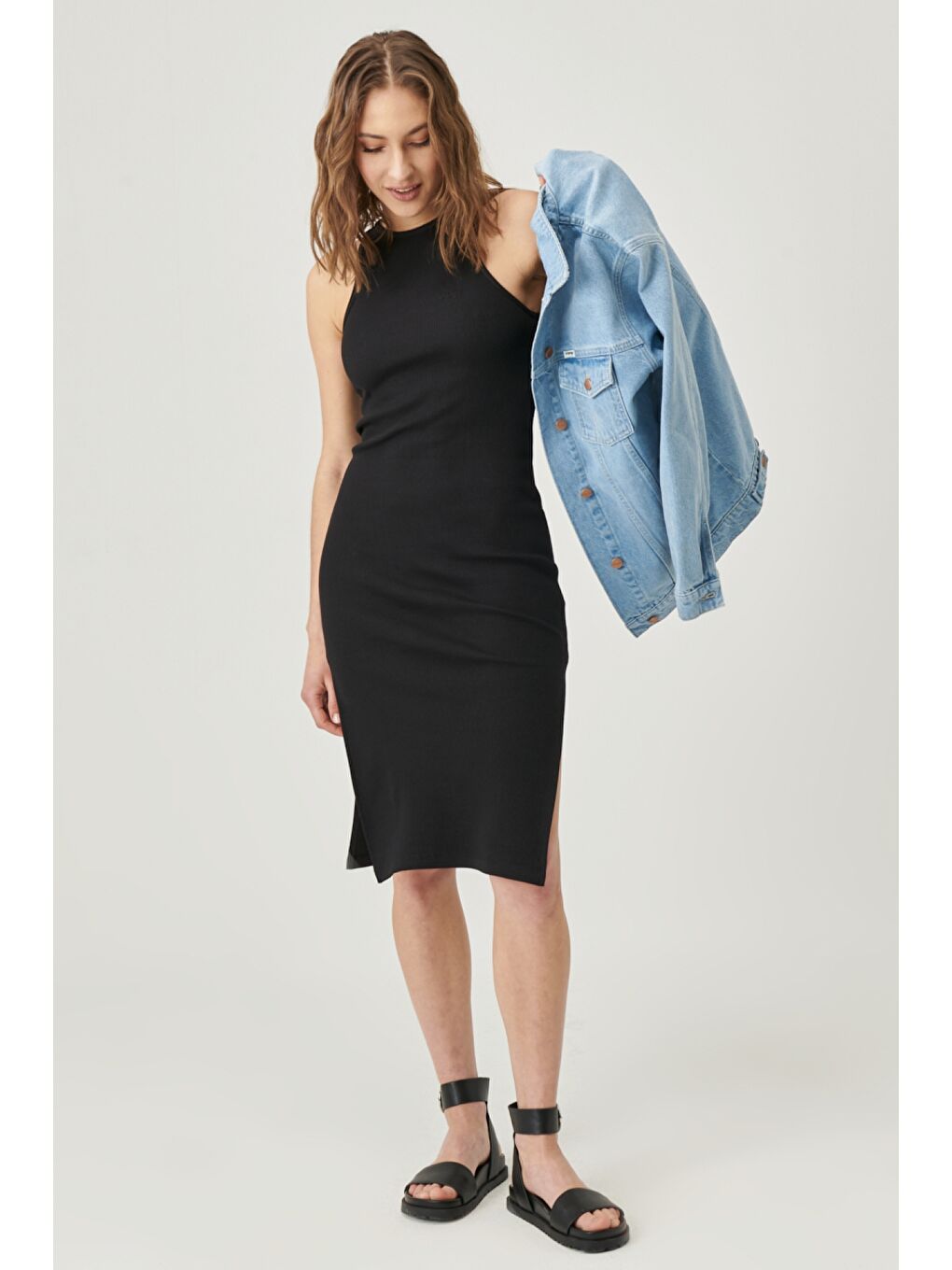 Siyah Skinny Fit %100 Pamuk Kolsuz Elbise