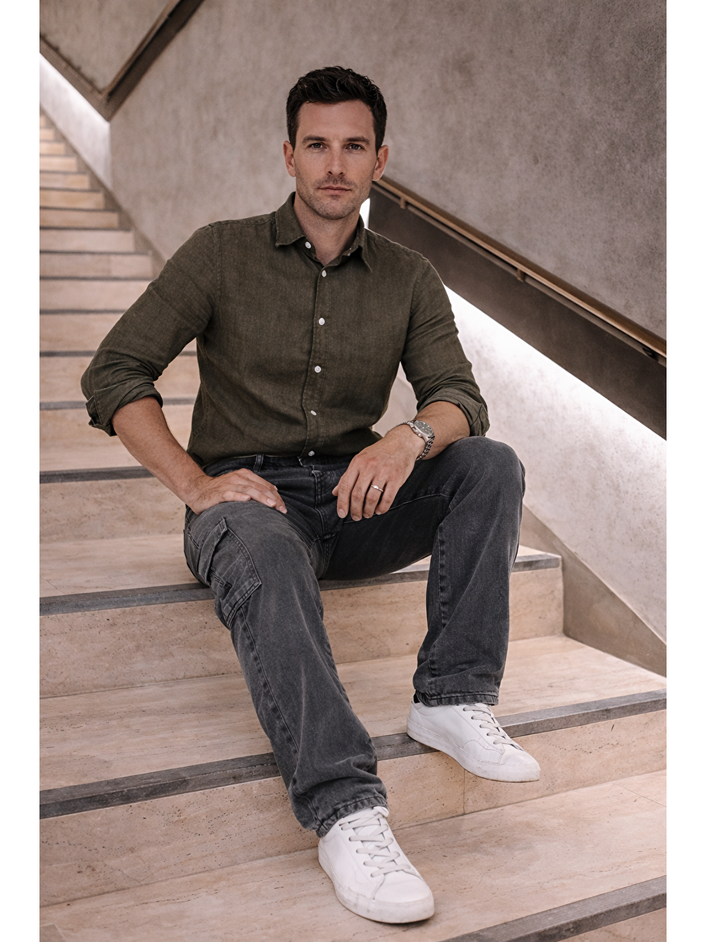 Erkek Yüksek Bel Bol Paça Antrasit Kargo Baggy Pantolon-4