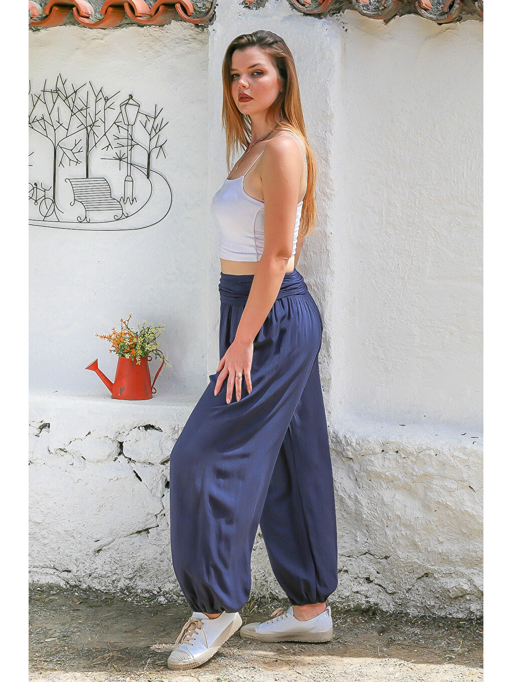 İtalyan Mavi Dokuma Ekstra Yüksek Bel Lastikli Paça Casual Viskon Pantolon-6