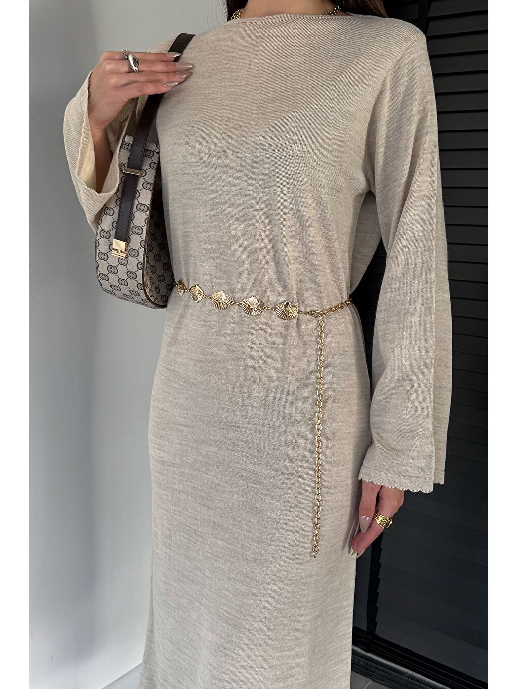 Bej Bisiklet Yaka Metal Kemerli Triko Elbise-2