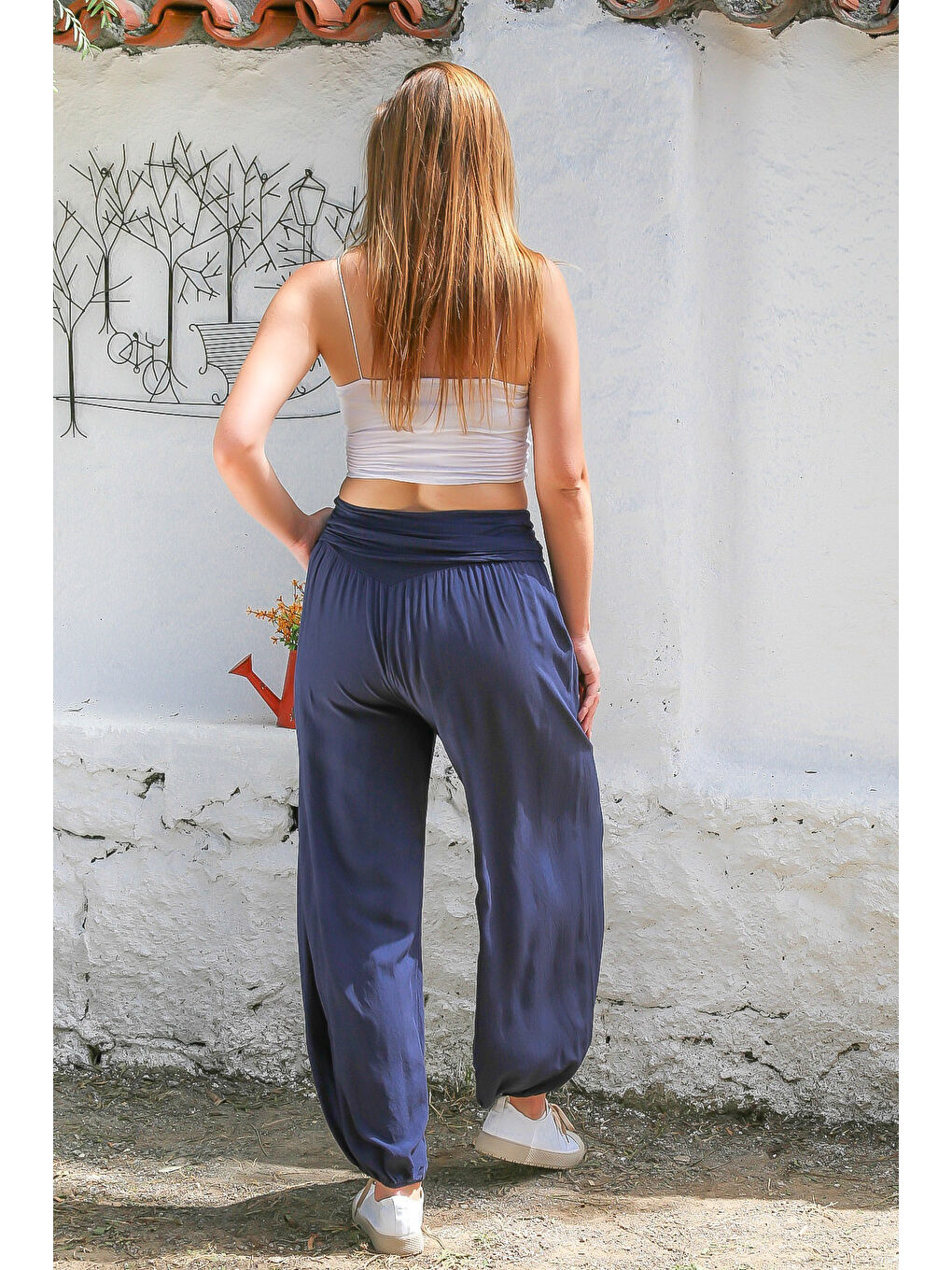 İtalyan Mavi Dokuma Ekstra Yüksek Bel Lastikli Paça Casual Viskon Pantolon-7