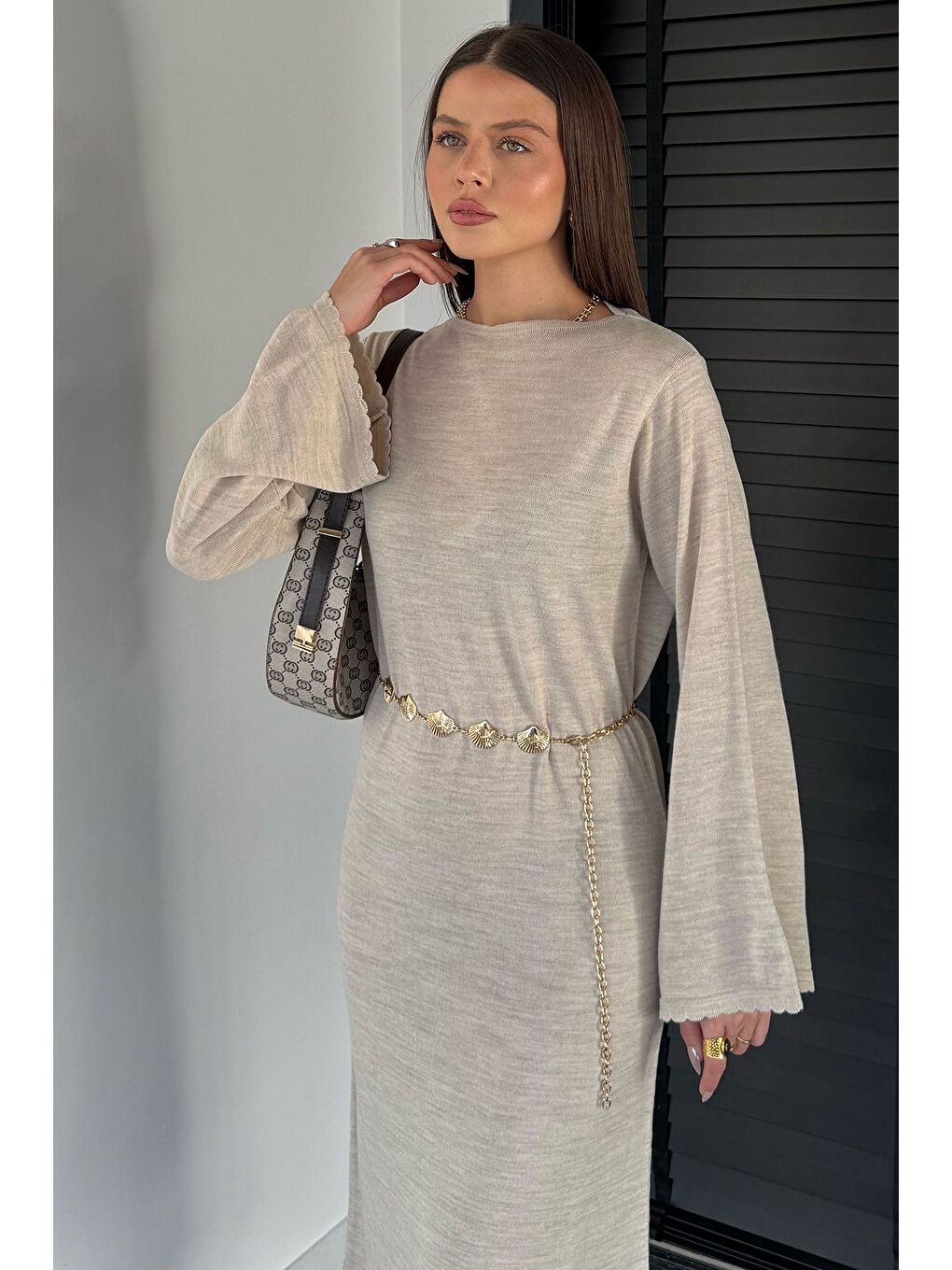 Bej Bisiklet Yaka Metal Kemerli Triko Elbise-3