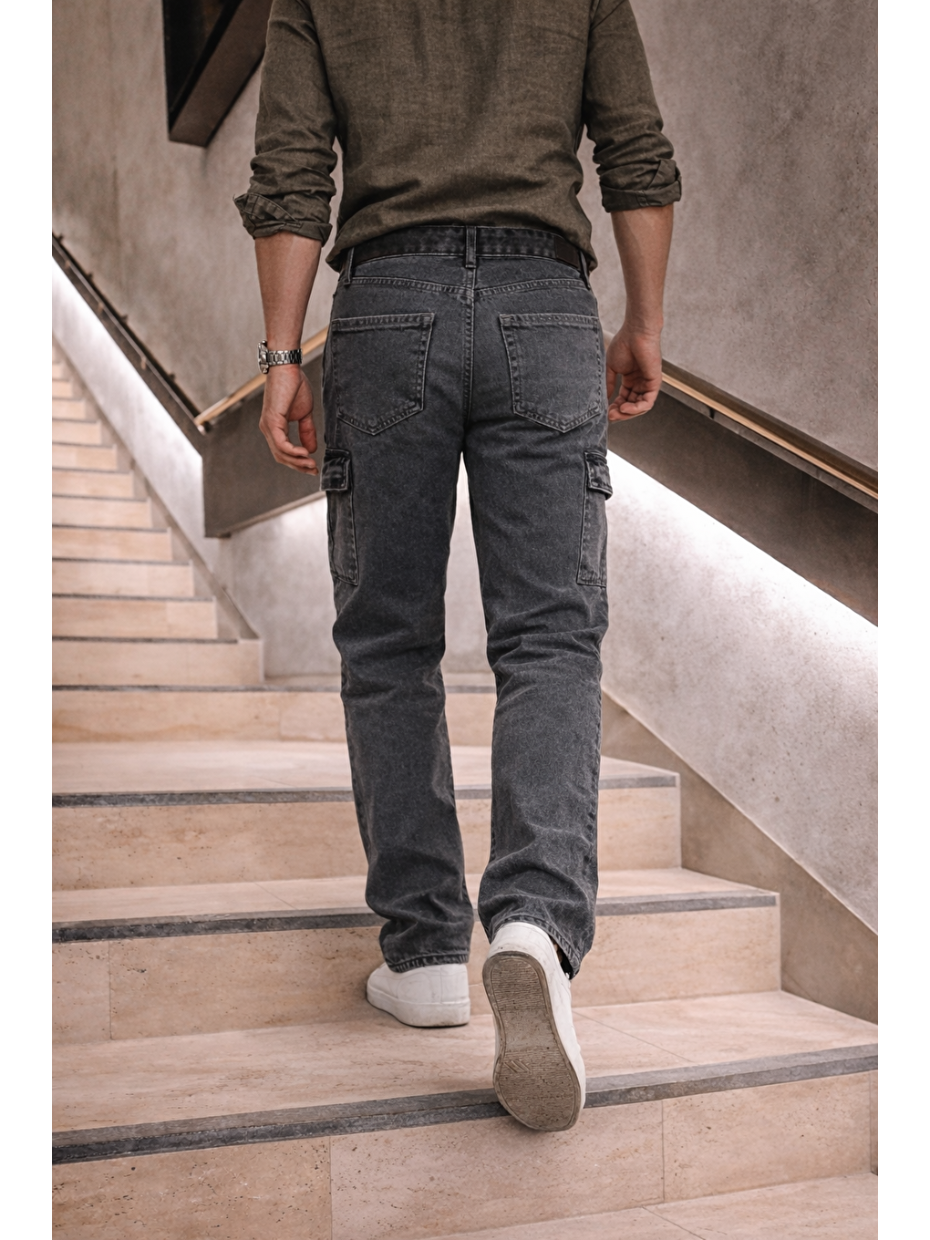 Erkek Yüksek Bel Bol Paça Antrasit Kargo Baggy Pantolon-5