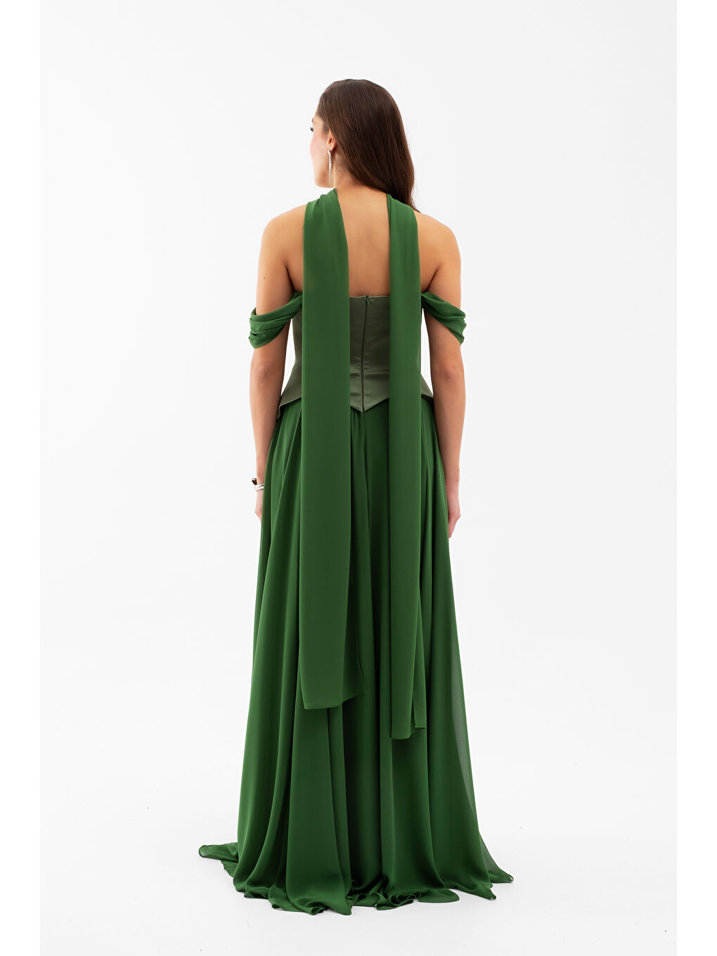 Kadın Haki Şal Yaka Straplez Söz Nişan Abiye Elbise-5