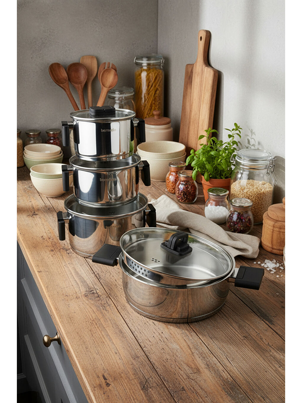 Gri Stella 8 Parça Çelik Tencere Seti-1