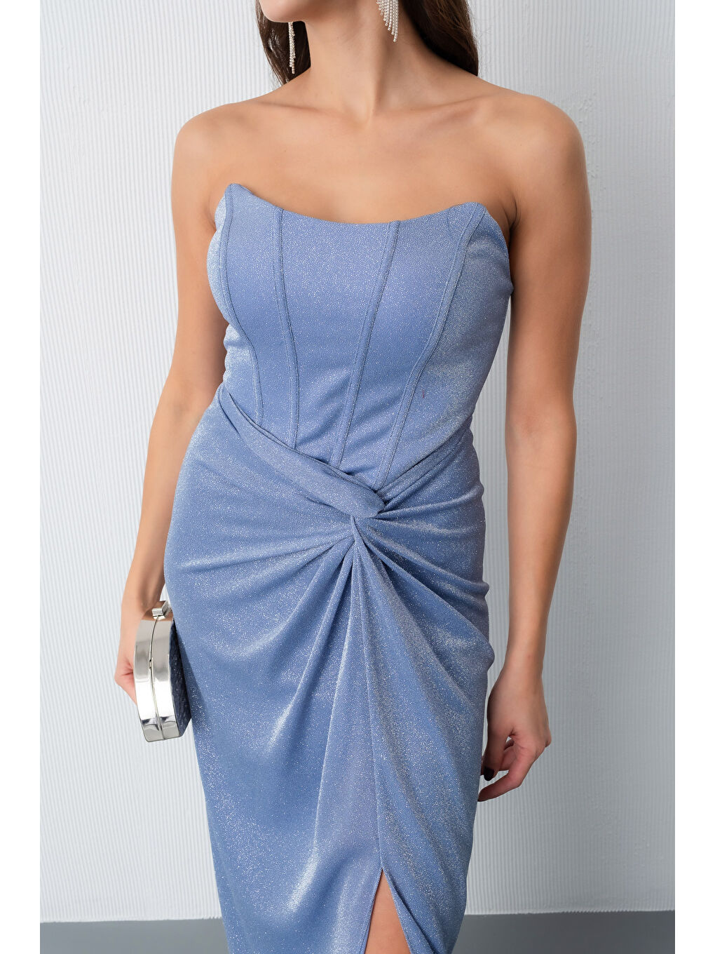 Kadın İndigo Straplez Simli Örme Abiye Elbise-3