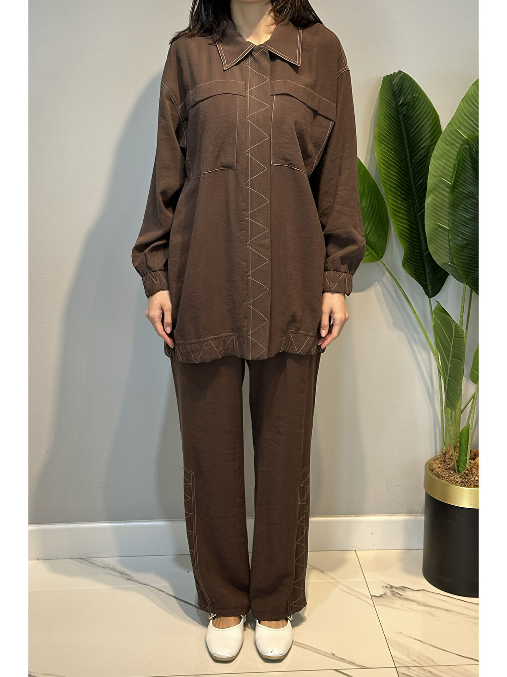 Dikiş Detaylı Cupra Modal Pantolonlu Takım 14405 Kahverengi-1