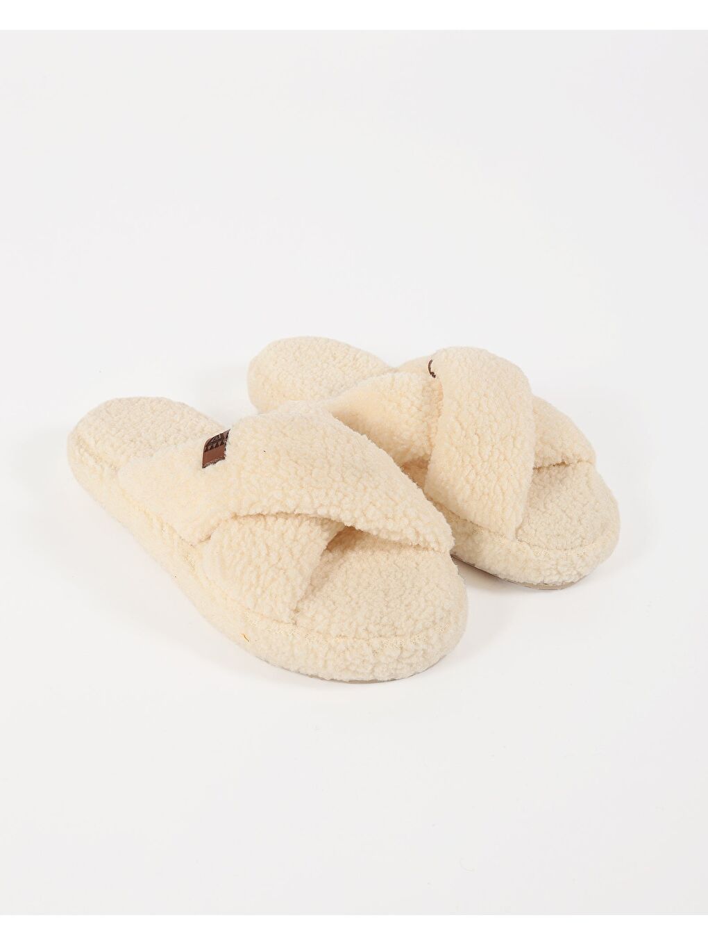 Bej Kadın Deri Etiket Detaylı Ev Terliği-JANA