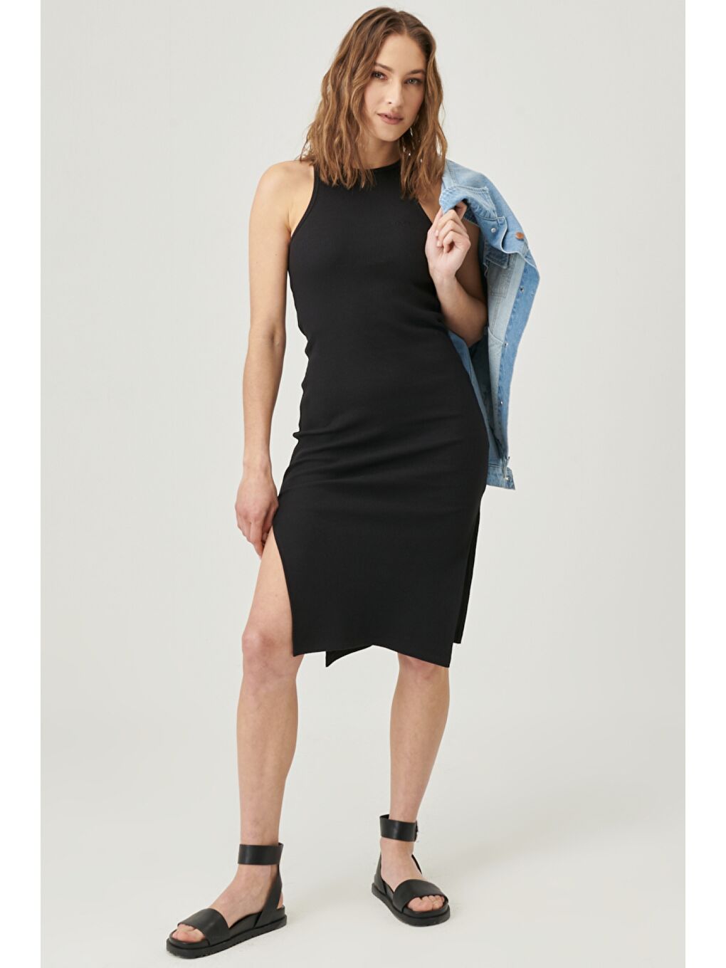 Siyah Skinny Fit %100 Pamuk Kolsuz Elbise-1