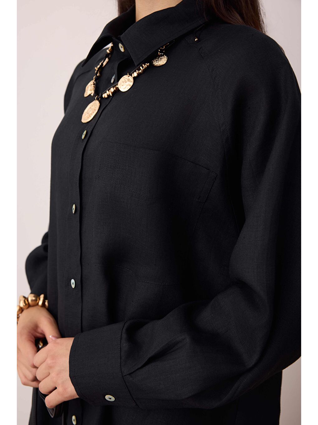 Reglan Kol Basic Keten Gömlek Siyah-1