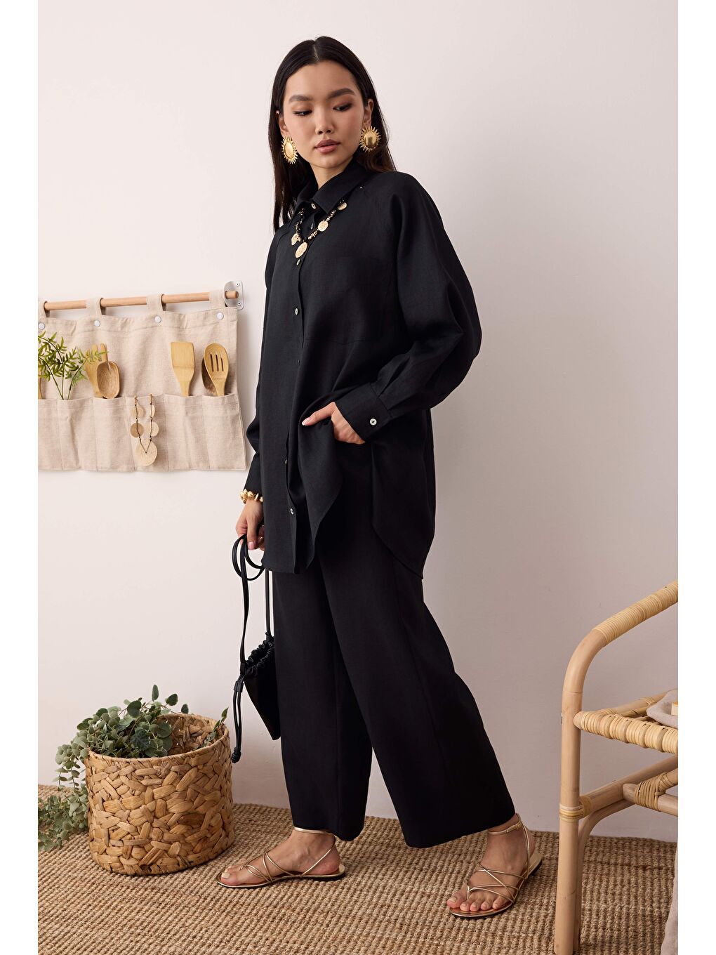 Reglan Kol Basic Keten Gömlek Siyah-2