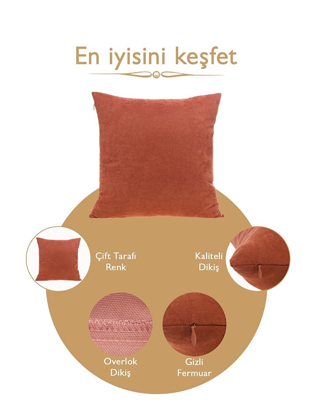 Kahverengi Panoroma Süet Dokulu Düz Punch (Panç) İçin Uygun Kiremit 50X50 Dekoratif Kırlent Kılıfı-6