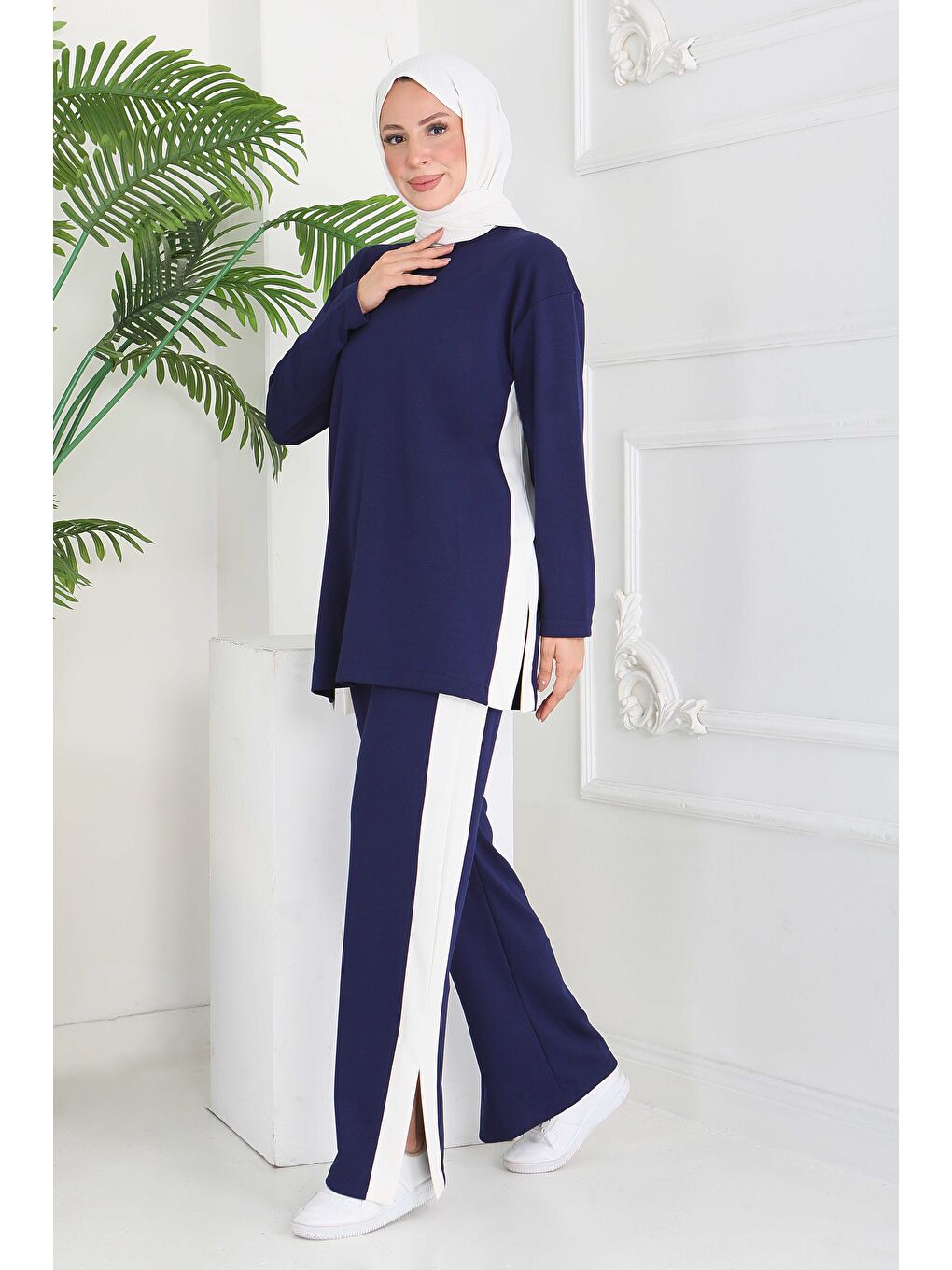 Garnili Yırtmaçlı Modal İkili Takım Lacivert - 28012-LACIVERT-1