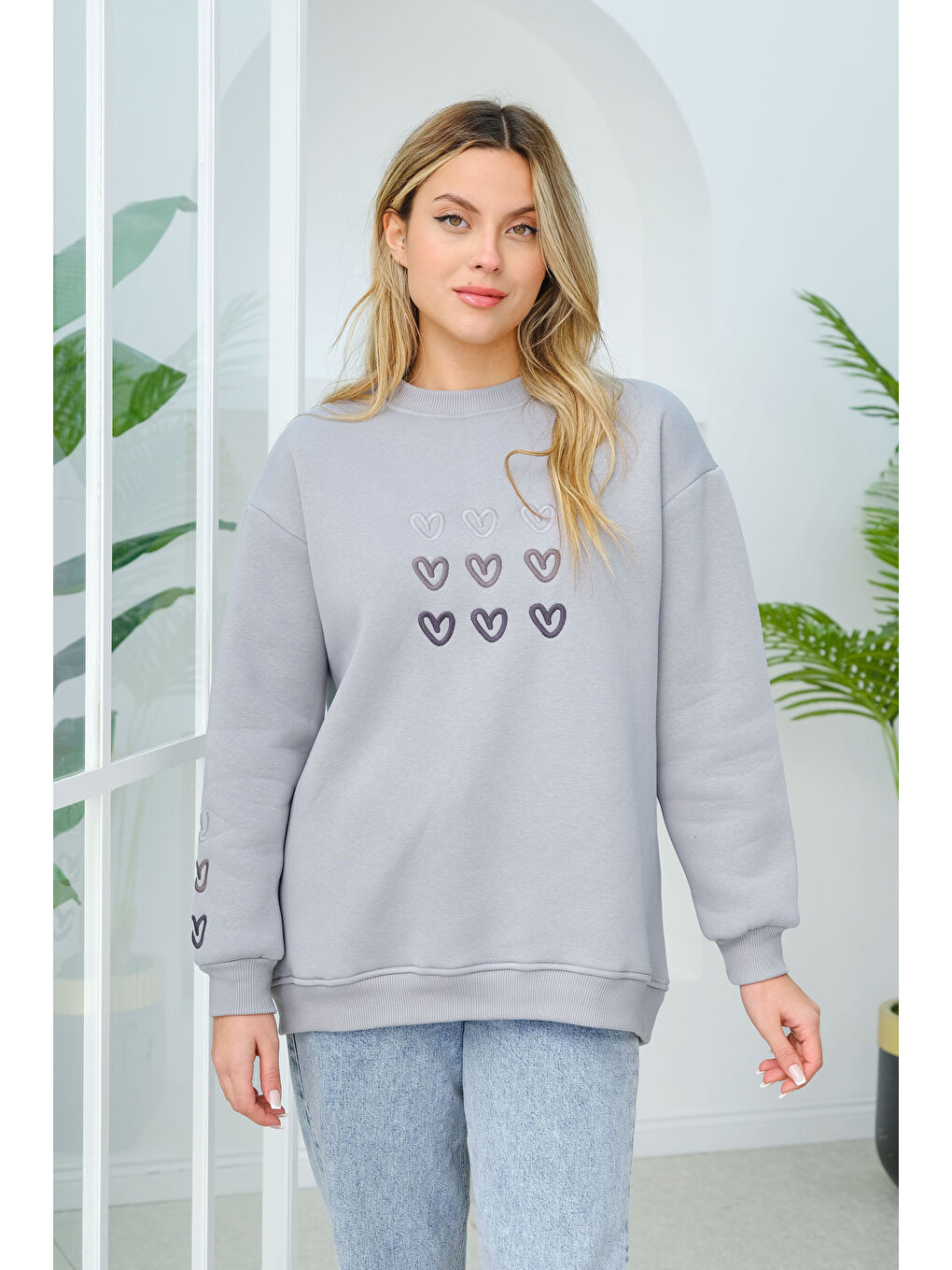 Locco Moda Kalp Nakışlı Sweat Gri