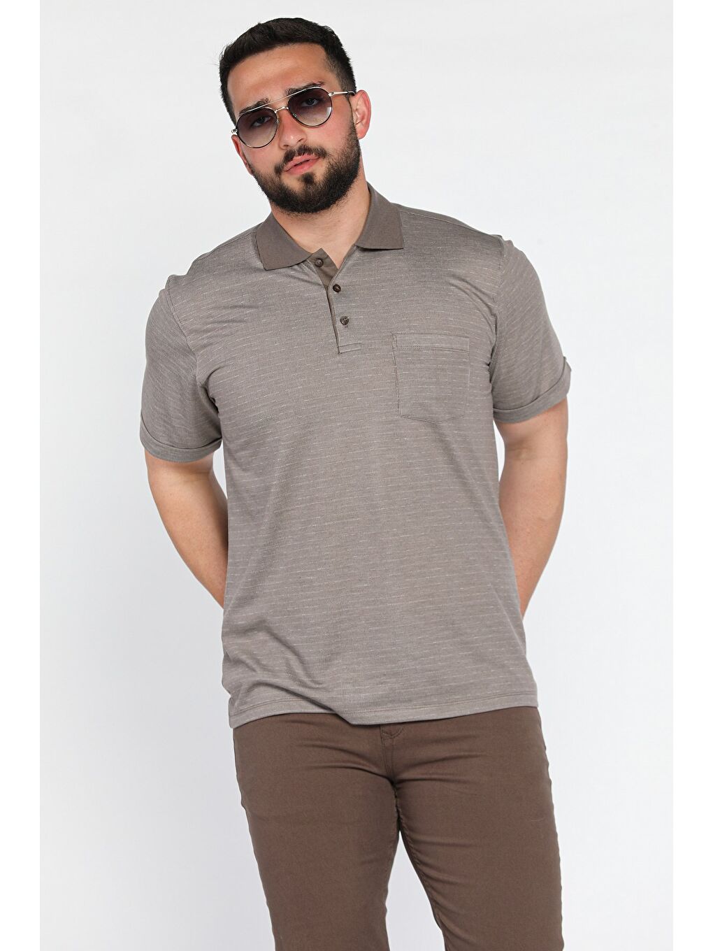 Bej Polo Yaka Yarım Düğmeli Cepli Erkek Tişört